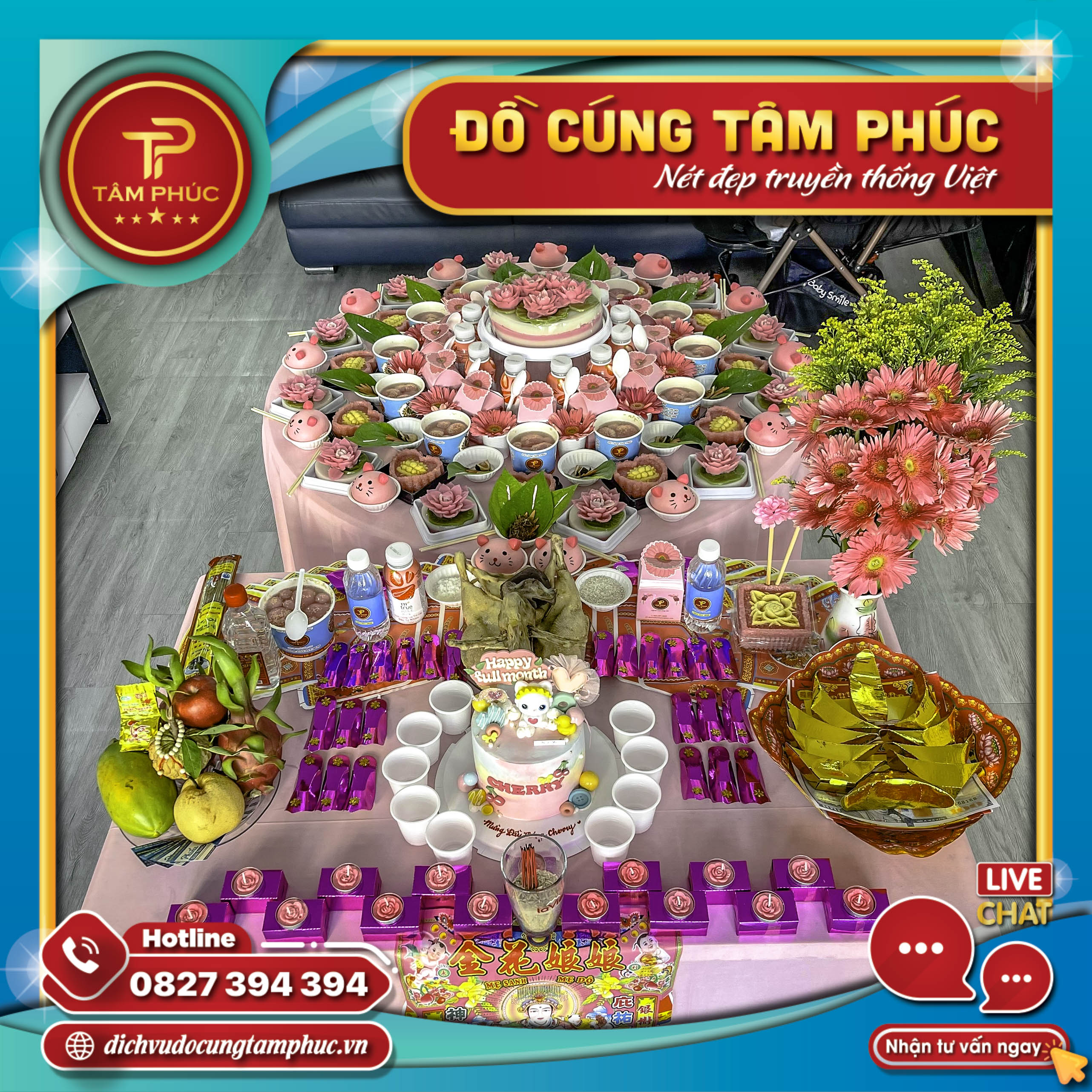 Mâm cúng Đầy Tháng - Thôi Nôi màu Hồng cho bé Gái.